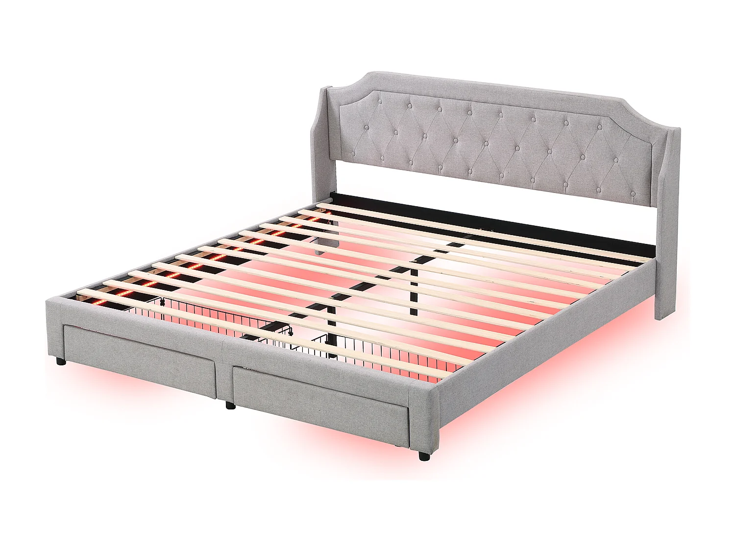Lit rembourré 180×200 cm avec sommier à lattes et tête de lit, 2 tiroirs, éclairage LED, gris