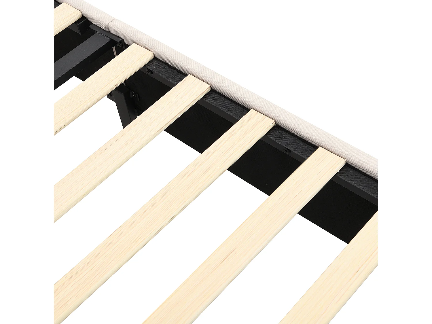 Lit rembourré 180×200 cm avec sommier à lattes et tête de lit, capitonnage, clous décoratifs, pieds en bois, lin, beige