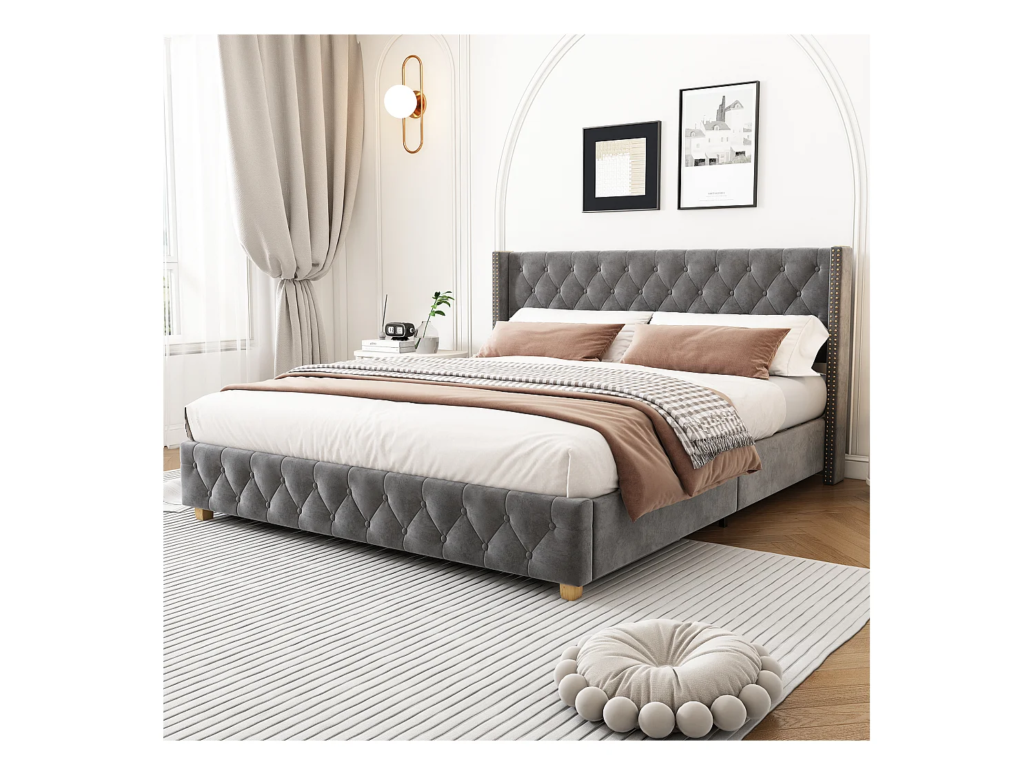 Lit rembourré 140×190 cm en velours gris avec sommier à lattes, tête de lit capitonnée et rivets décoratifs