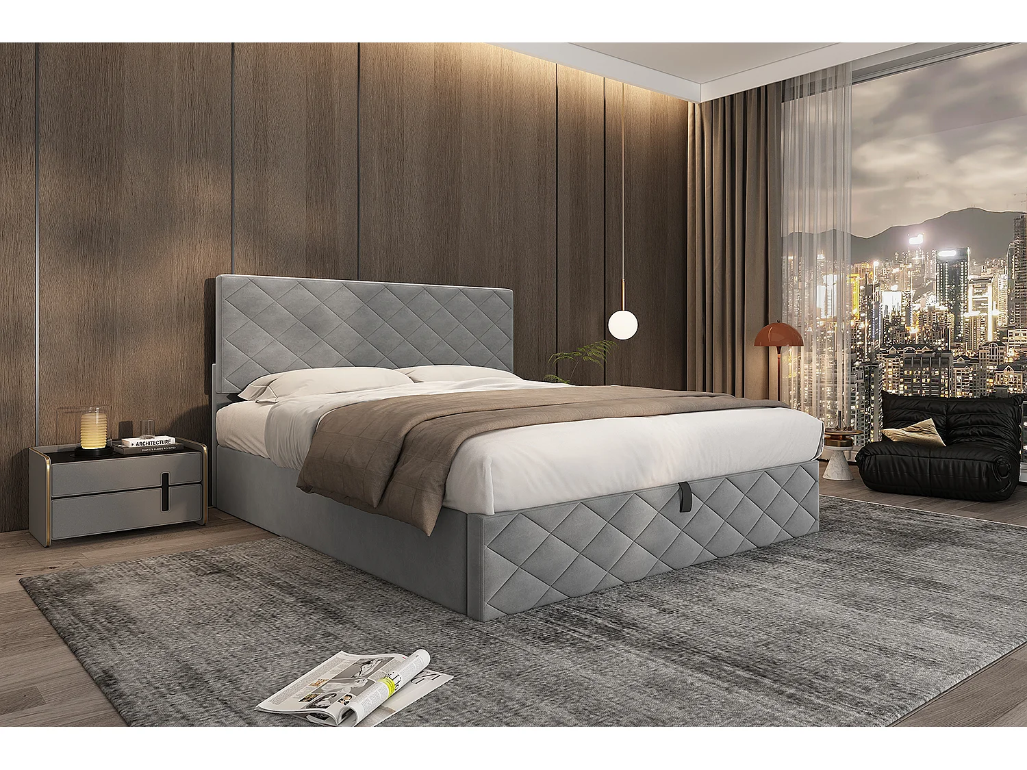 Lit hydraulique avec sommier à lattes et rangement, 140×200 cm, gris, design simple et élégant