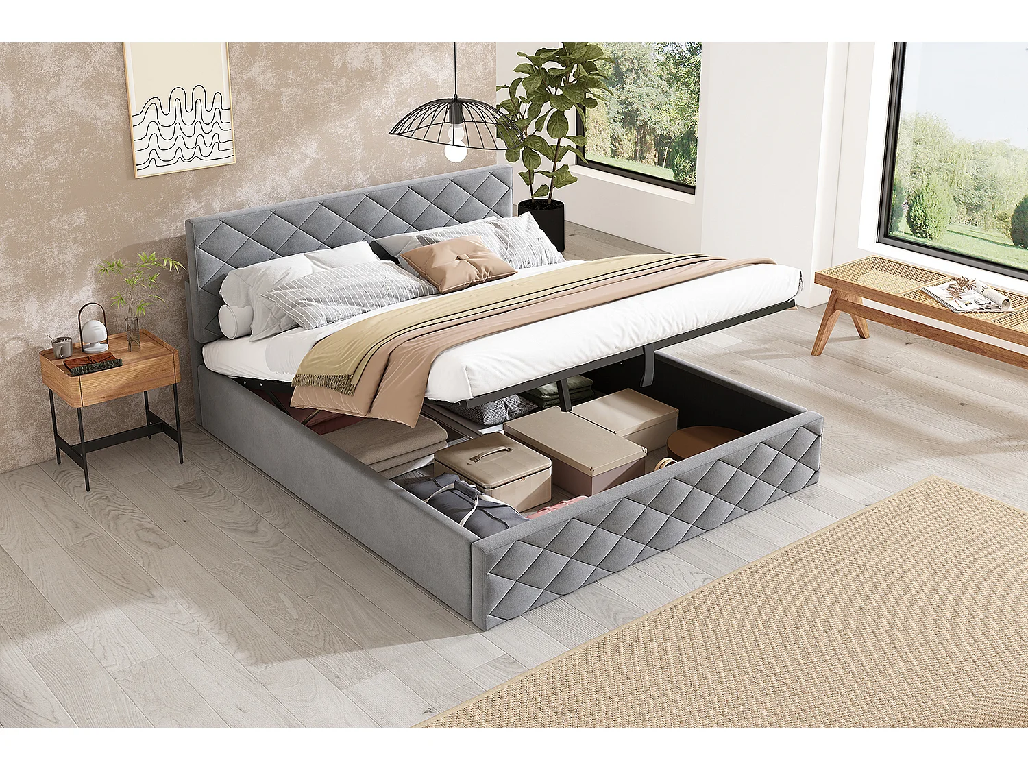 Lit hydraulique avec sommier à lattes et rangement, 140×200 cm, gris, design simple et élégant