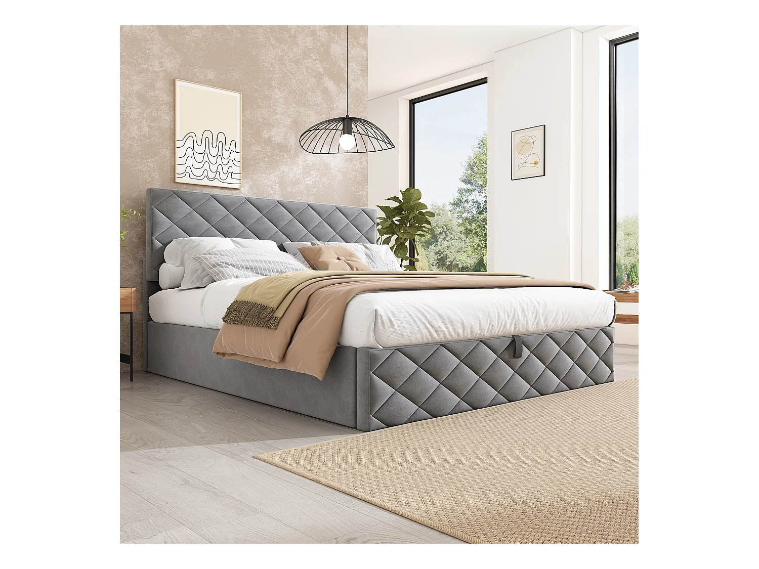Lit hydraulique avec sommier à lattes et rangement, 140×200 cm, gris, design simple et élégant