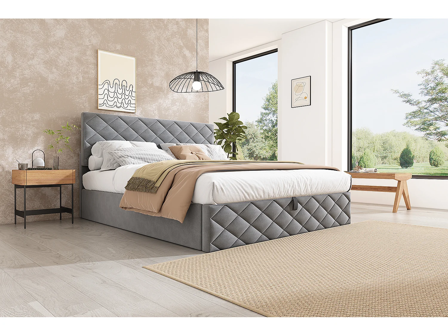 Lit hydraulique avec sommier à lattes et rangement, 140×200 cm, gris, design simple et élégant