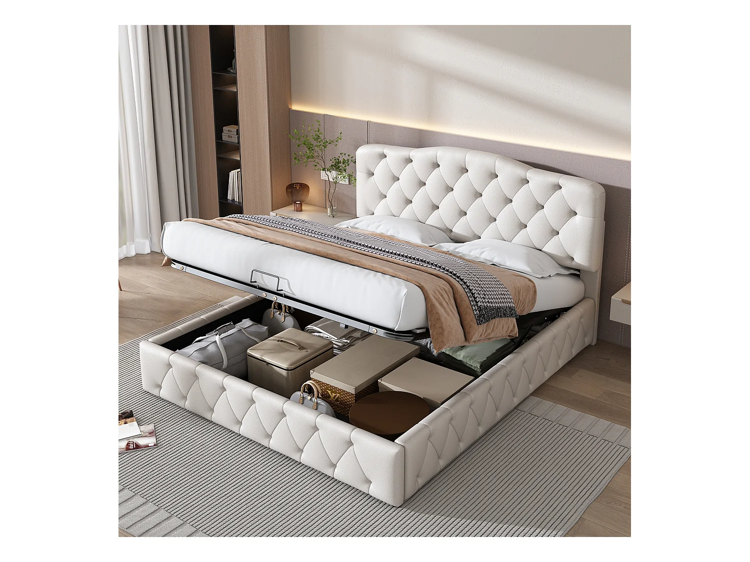 Lit double 140×200 cm avec tête de lit réglable en hauteur, blanc, design minimaliste et rangement hydraulique