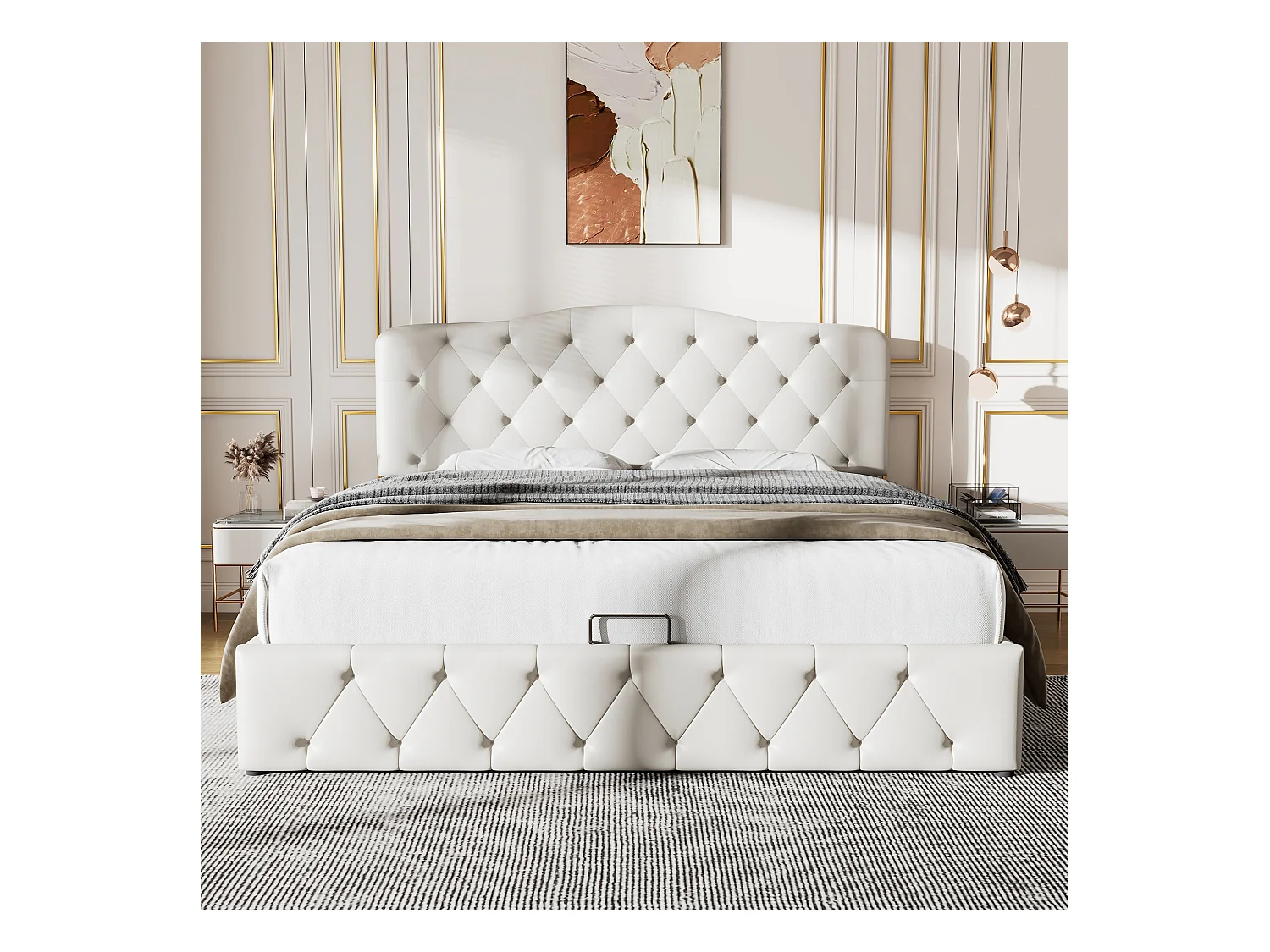 Lit double 140×200 cm avec tête de lit réglable en hauteur, blanc, design minimaliste et rangement hydraulique