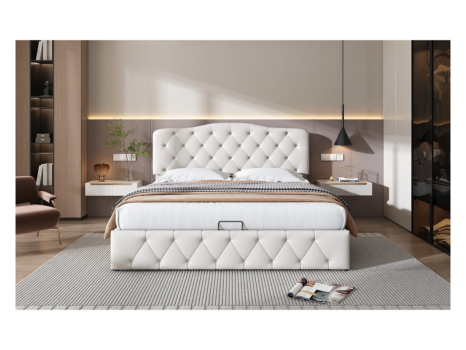 Lit double 140×200 cm avec tête de lit réglable en hauteur, blanc, design minimaliste et rangement hydraulique