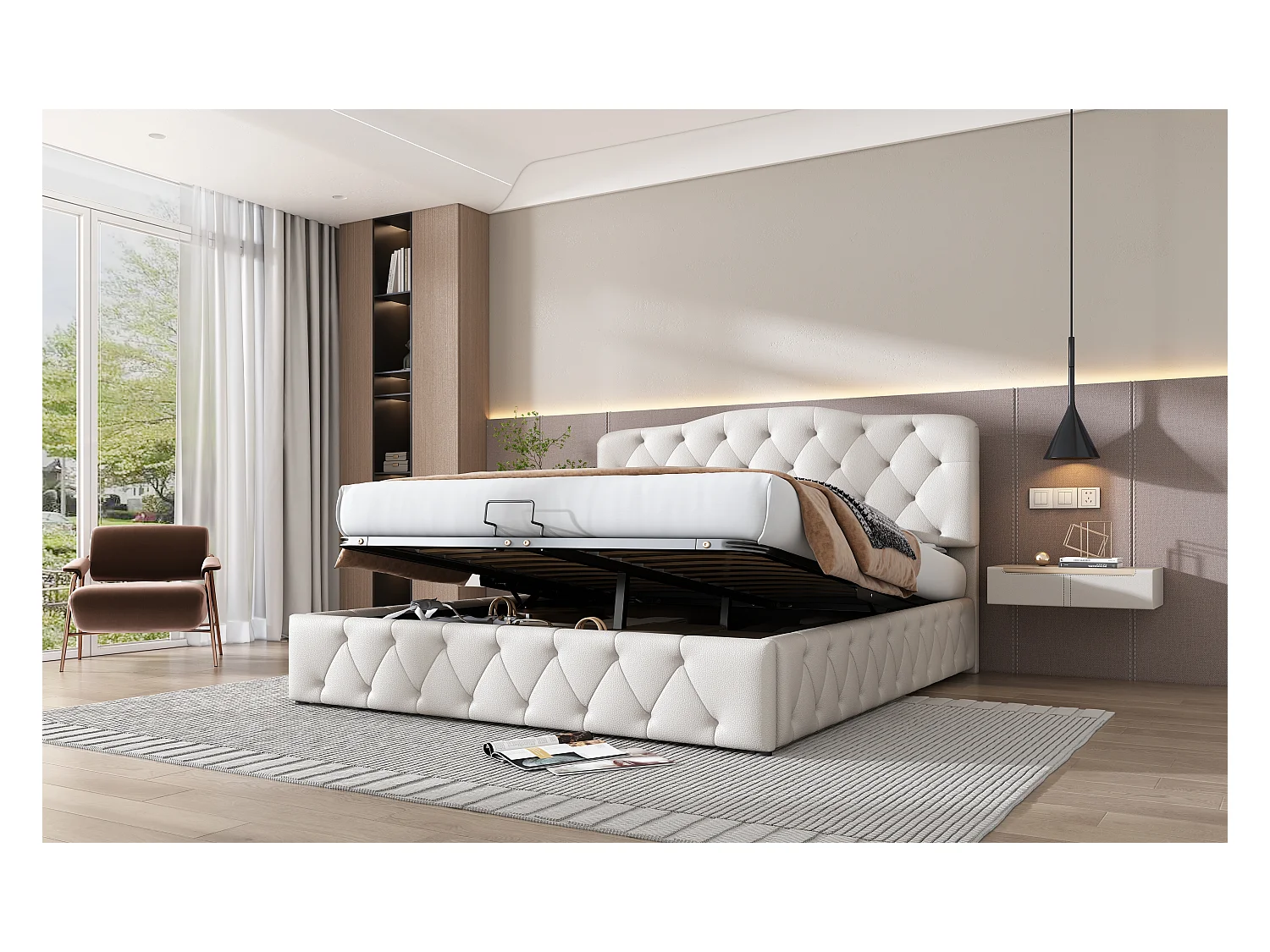 Lit double 140×200 cm avec tête de lit réglable en hauteur, blanc, design minimaliste et rangement hydraulique