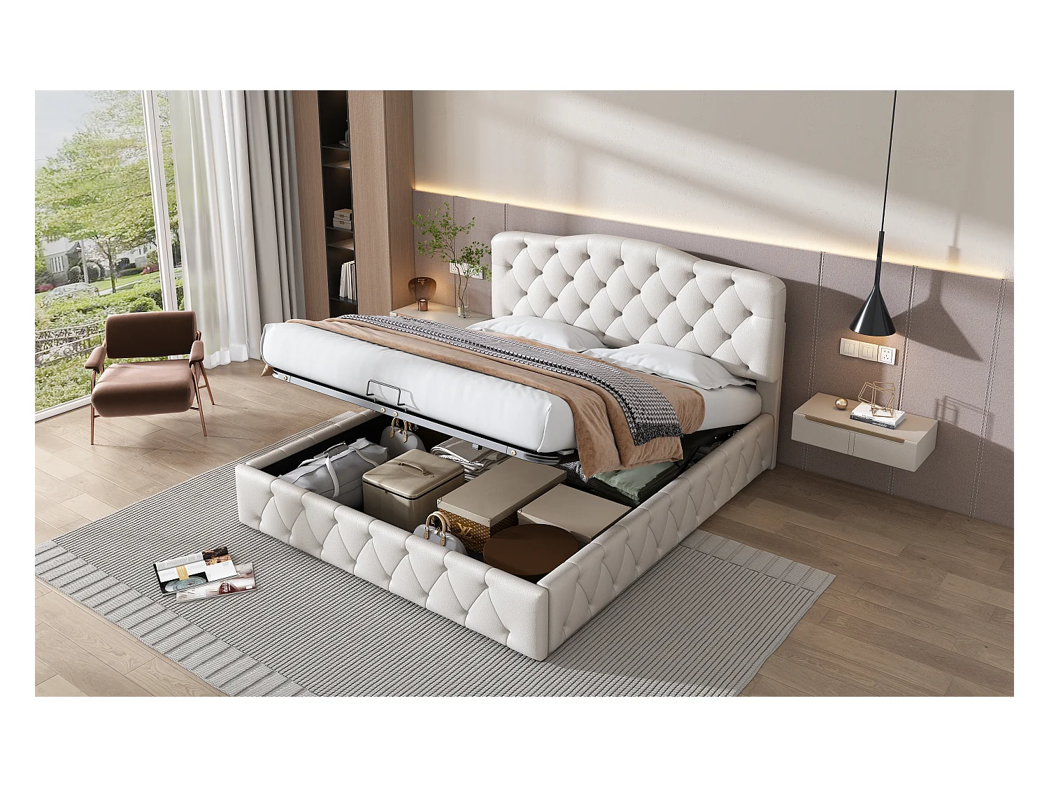 Lit double 140×200 cm avec tête de lit réglable en hauteur, blanc, design minimaliste et rangement hydraulique