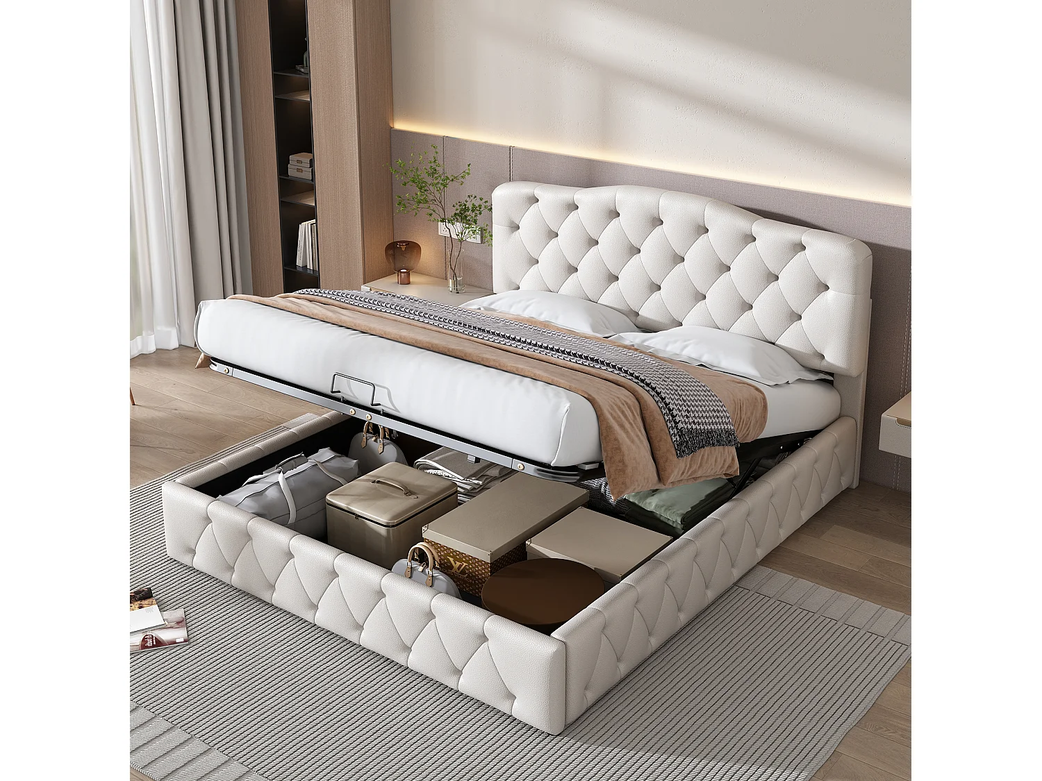 Lit double 140×200 cm avec tête de lit réglable en hauteur, blanc, design minimaliste et rangement hydraulique