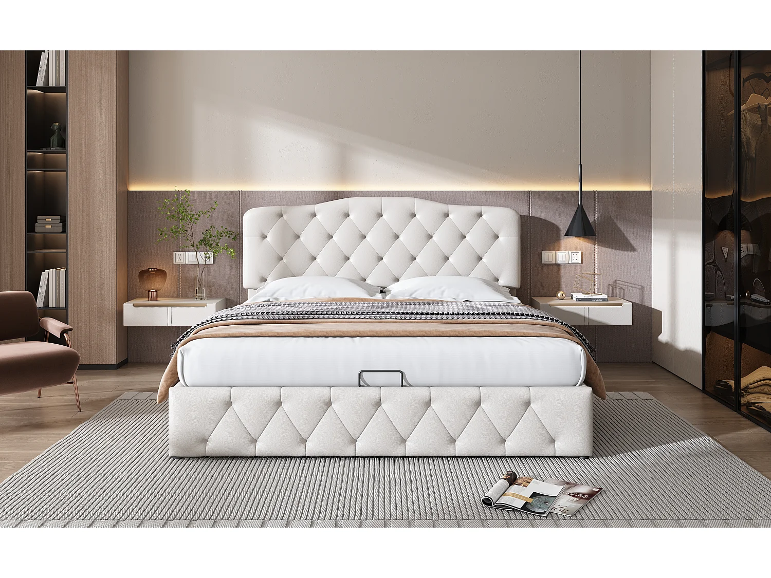 Lit double 140×200 cm avec tête de lit réglable en hauteur, blanc, design minimaliste et rangement hydraulique