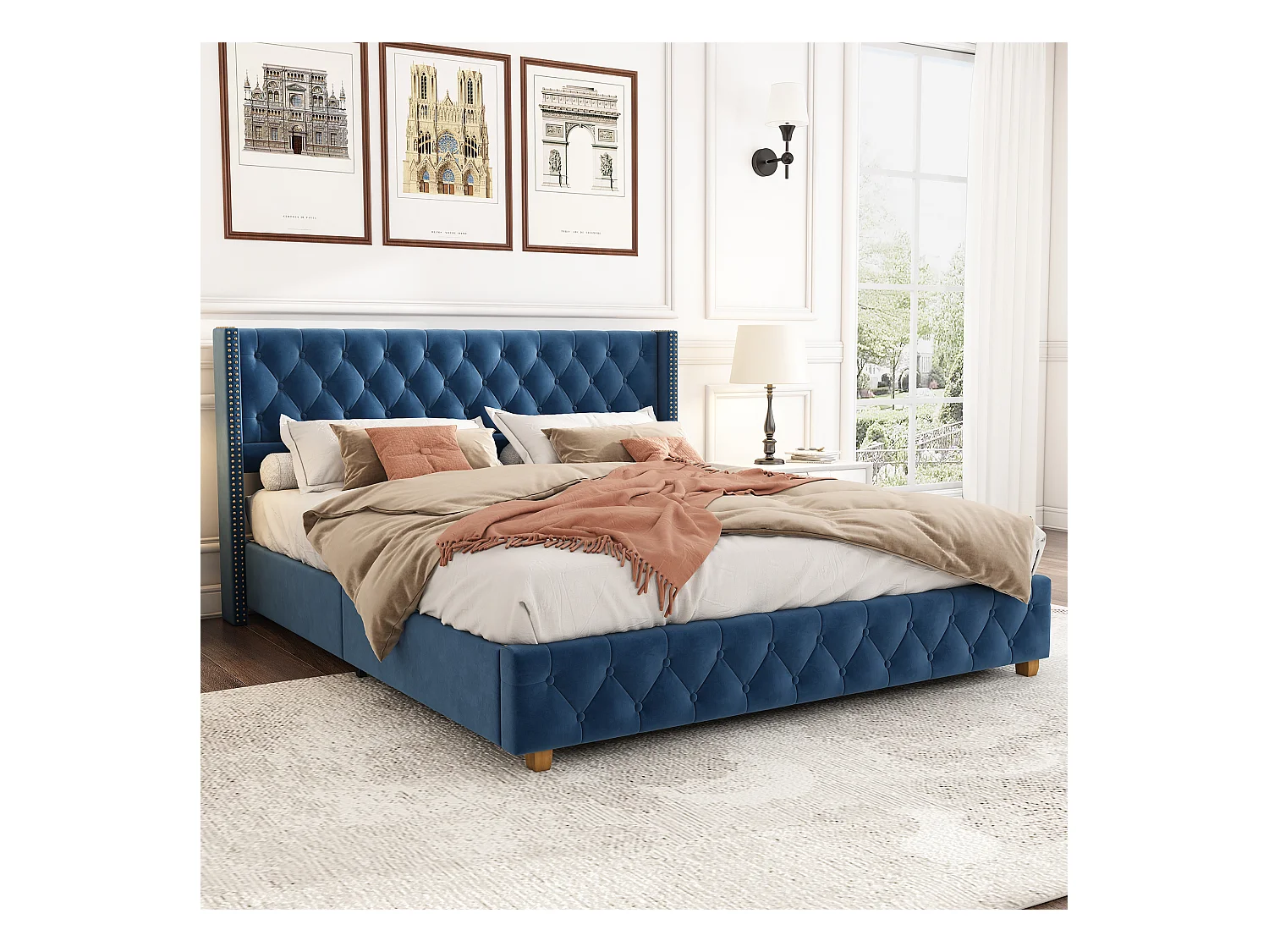 Lit rembourré 160×200 cm avec sommier à lattes et tête de lit, capitonnage, clous, pieds en bois, velours, bleu