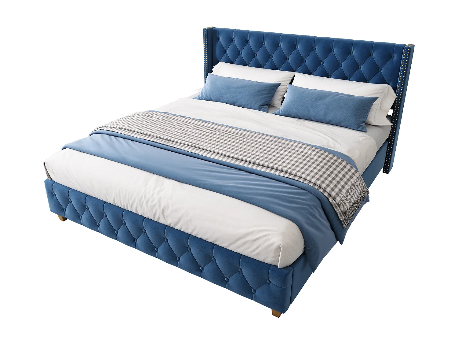 Lit rembourré 160×200 cm avec sommier à lattes et tête de lit, capitonnage, clous, pieds en bois, velours, bleu