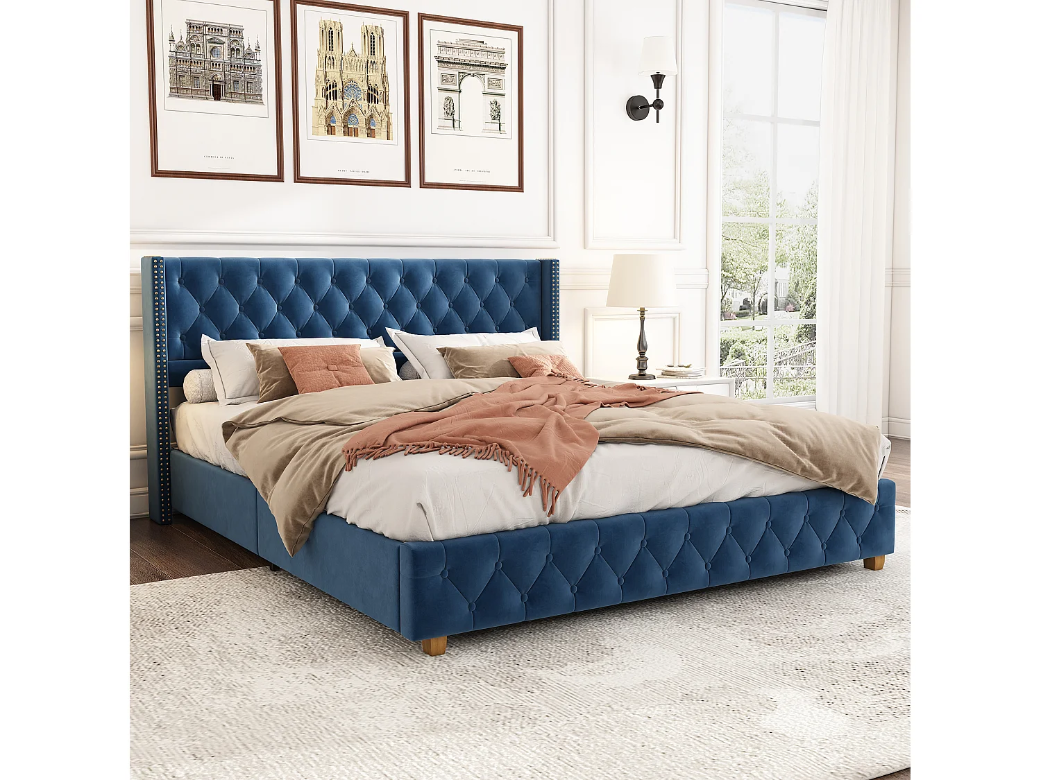 Lit rembourré 160×200 cm avec sommier à lattes et tête de lit, capitonnage, clous, pieds en bois, velours, bleu