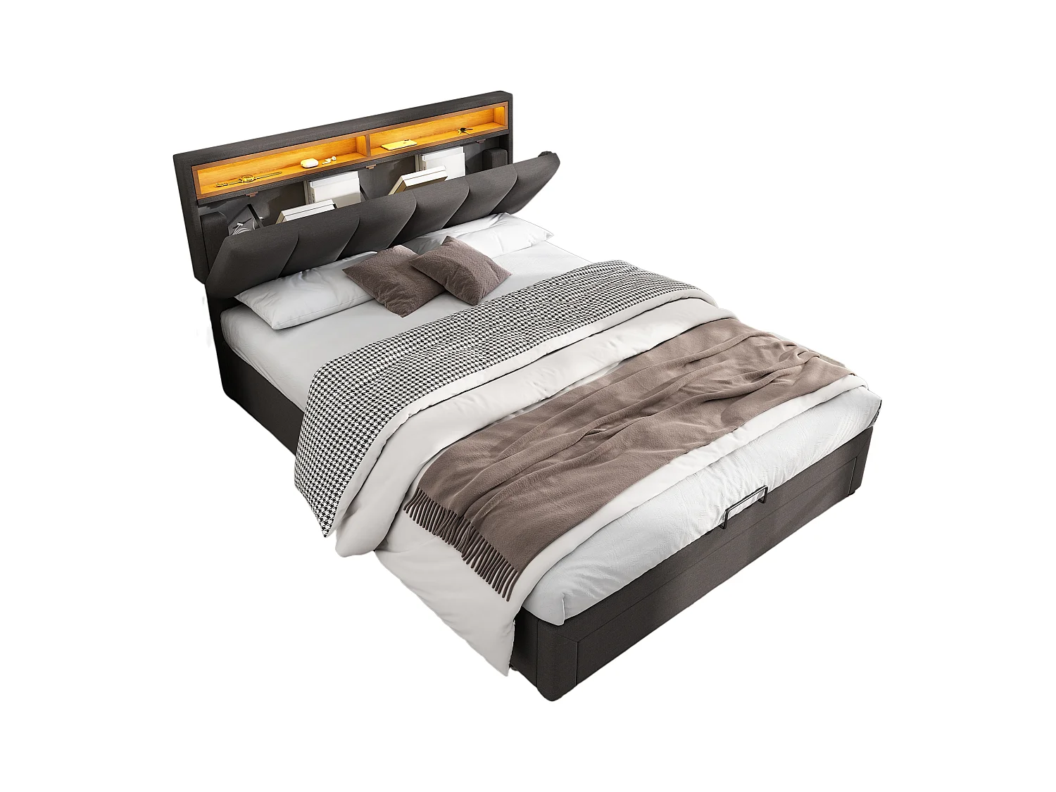 Lit rembourré avec éclairage LED, lit de rangement hydraulique 140×200 cm, gris, avec tête de lit en mousse