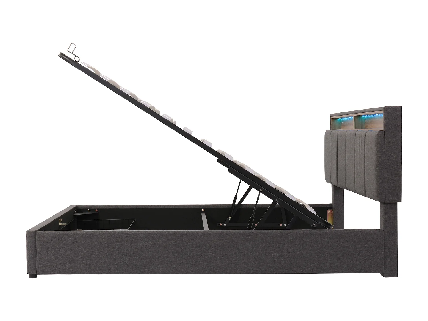 Lit rembourré avec éclairage LED, lit de rangement hydraulique 140×200 cm, gris, avec tête de lit en mousse