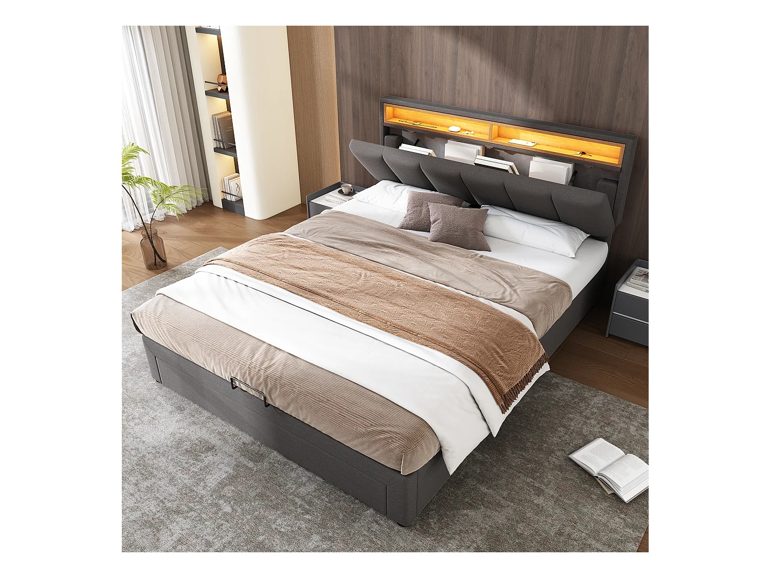 Lit rembourré avec éclairage LED, lit de rangement hydraulique 140×200 cm, gris, avec tête de lit en mousse
