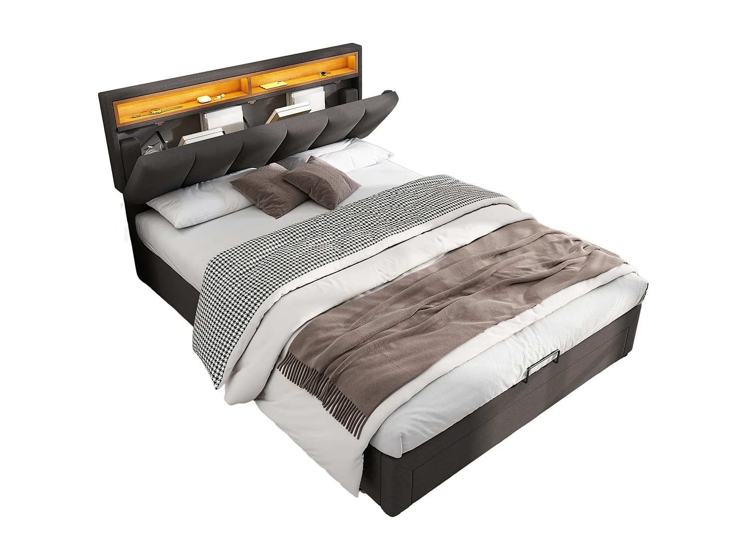 Lit rembourré avec éclairage LED, lit de rangement hydraulique 140×200 cm, gris, avec tête de lit en mousse