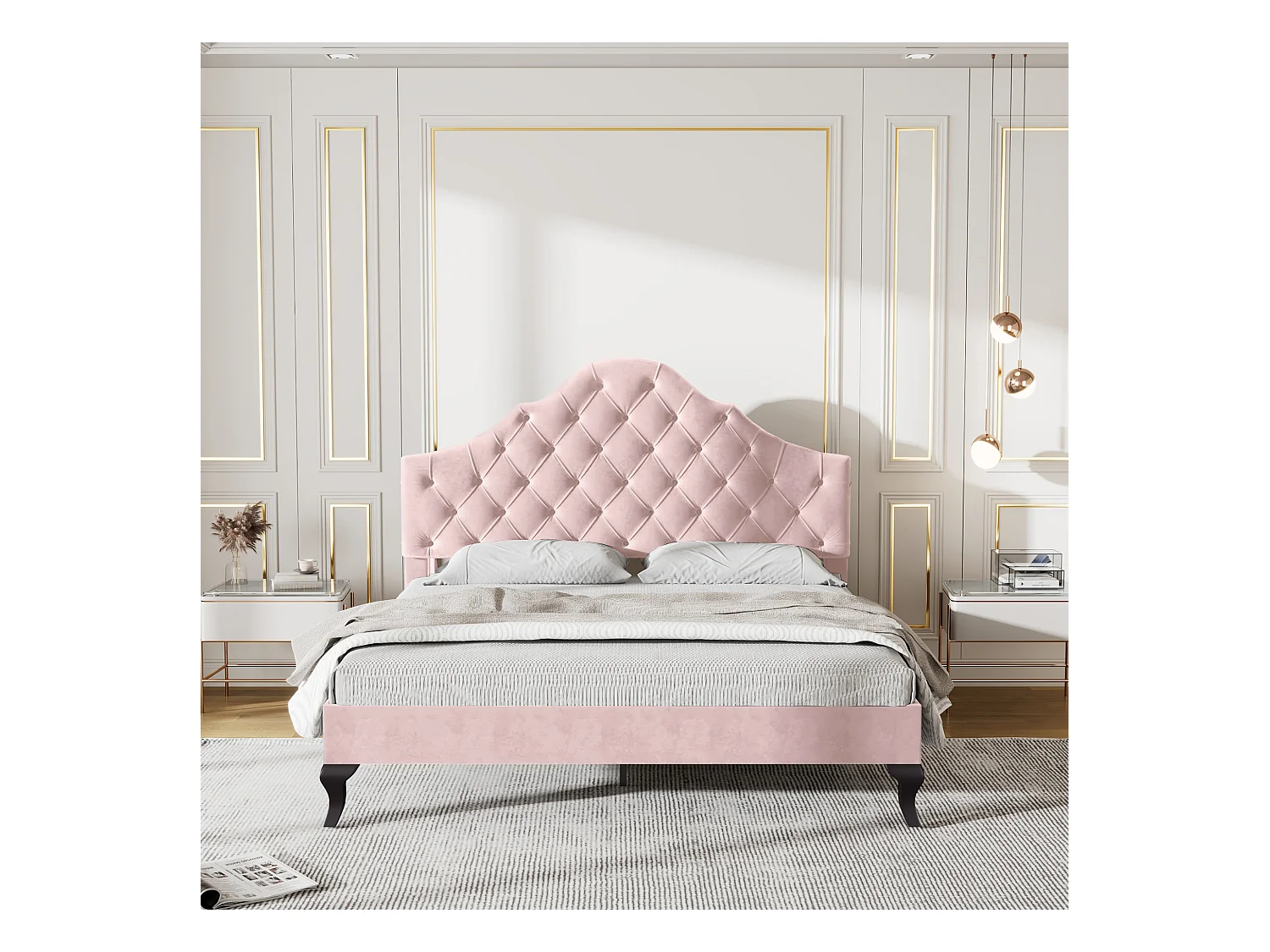 Lit rembourré 140×200 cm en velours rose avec tête de lit réglable et sommier à lattes, pour adultes et adolescents