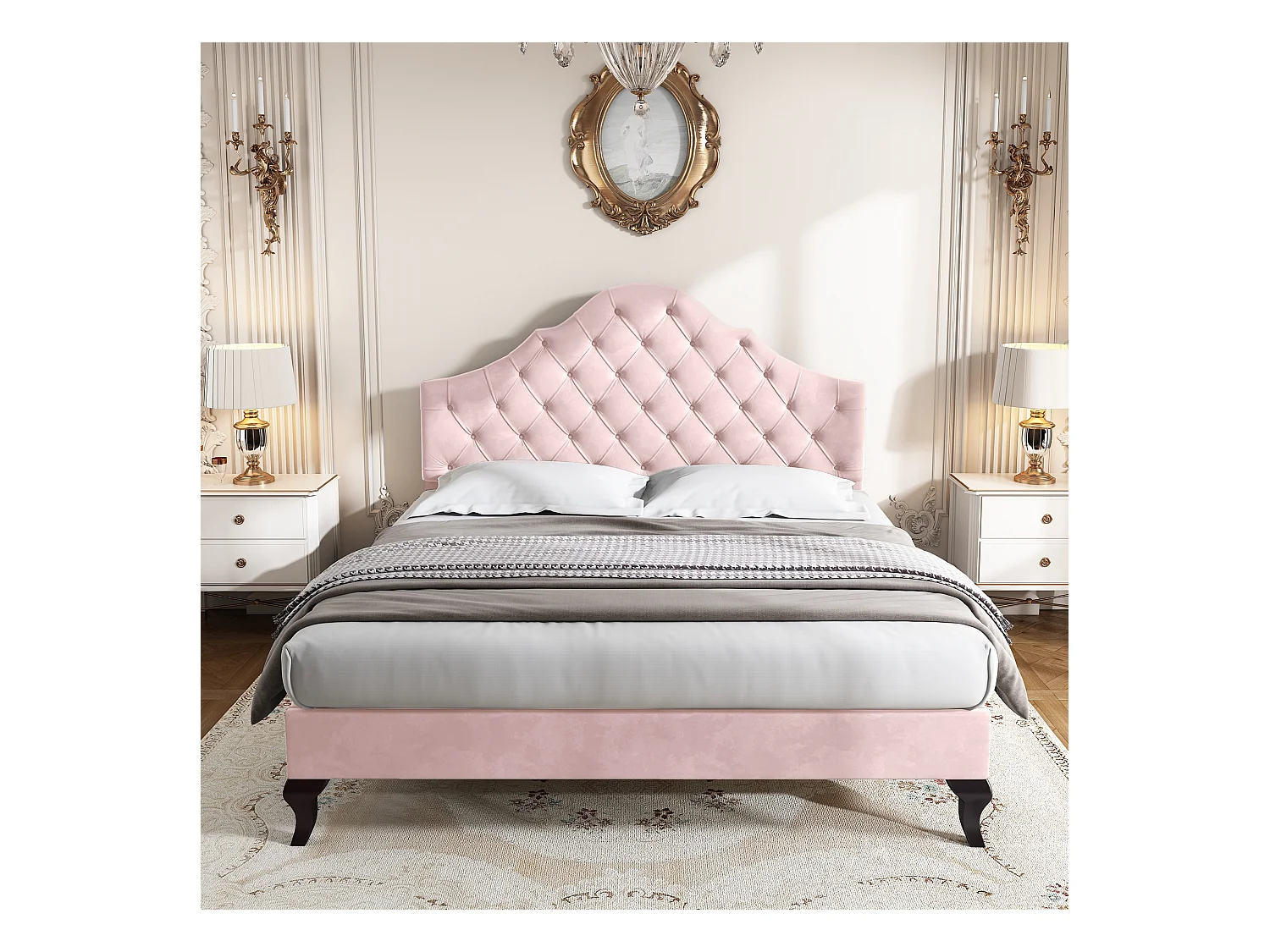 Lit rembourré 140×200 cm en velours rose avec tête de lit réglable et sommier à lattes, pour adultes et adolescents