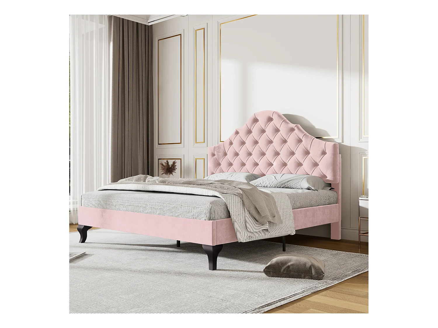 Lit rembourré 140×200 cm en velours rose avec tête de lit réglable et sommier à lattes, pour adultes et adolescents