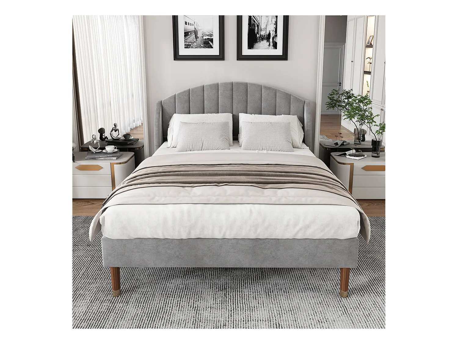 Lit rembourré 140×200 cm avec sommier à lattes et tête de lit, design moderne en velours gris