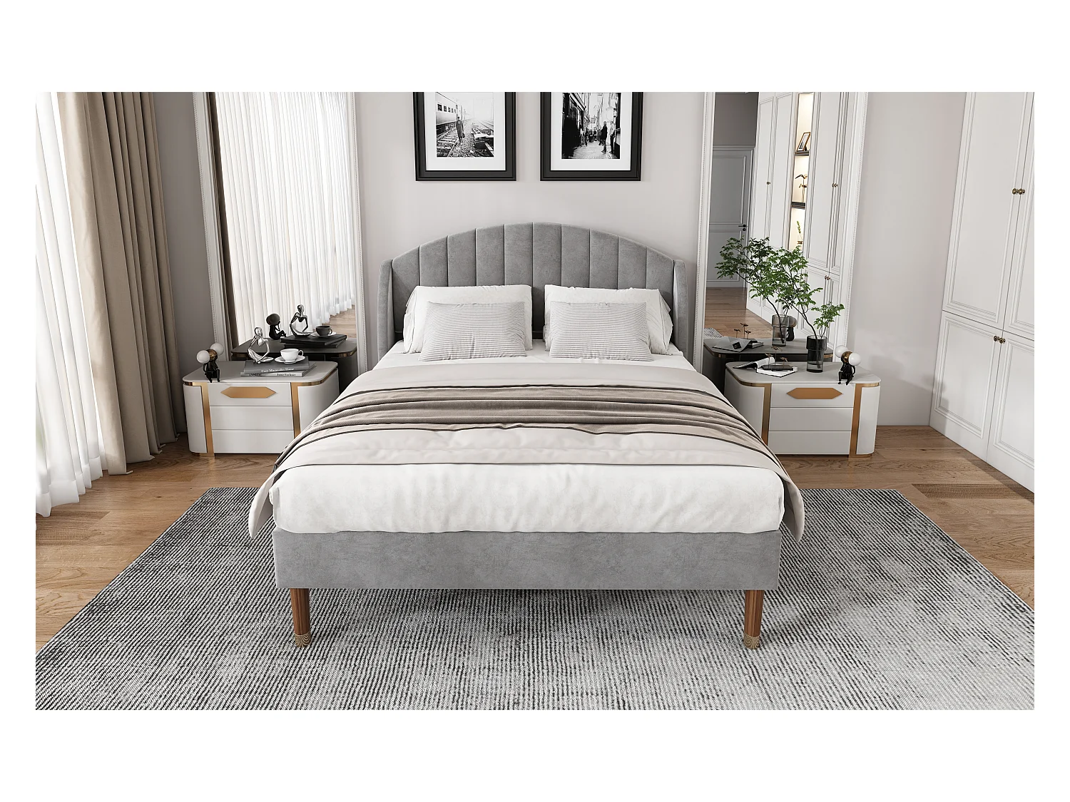 Lit rembourré 140×200 cm avec sommier à lattes et tête de lit, design moderne en velours gris
