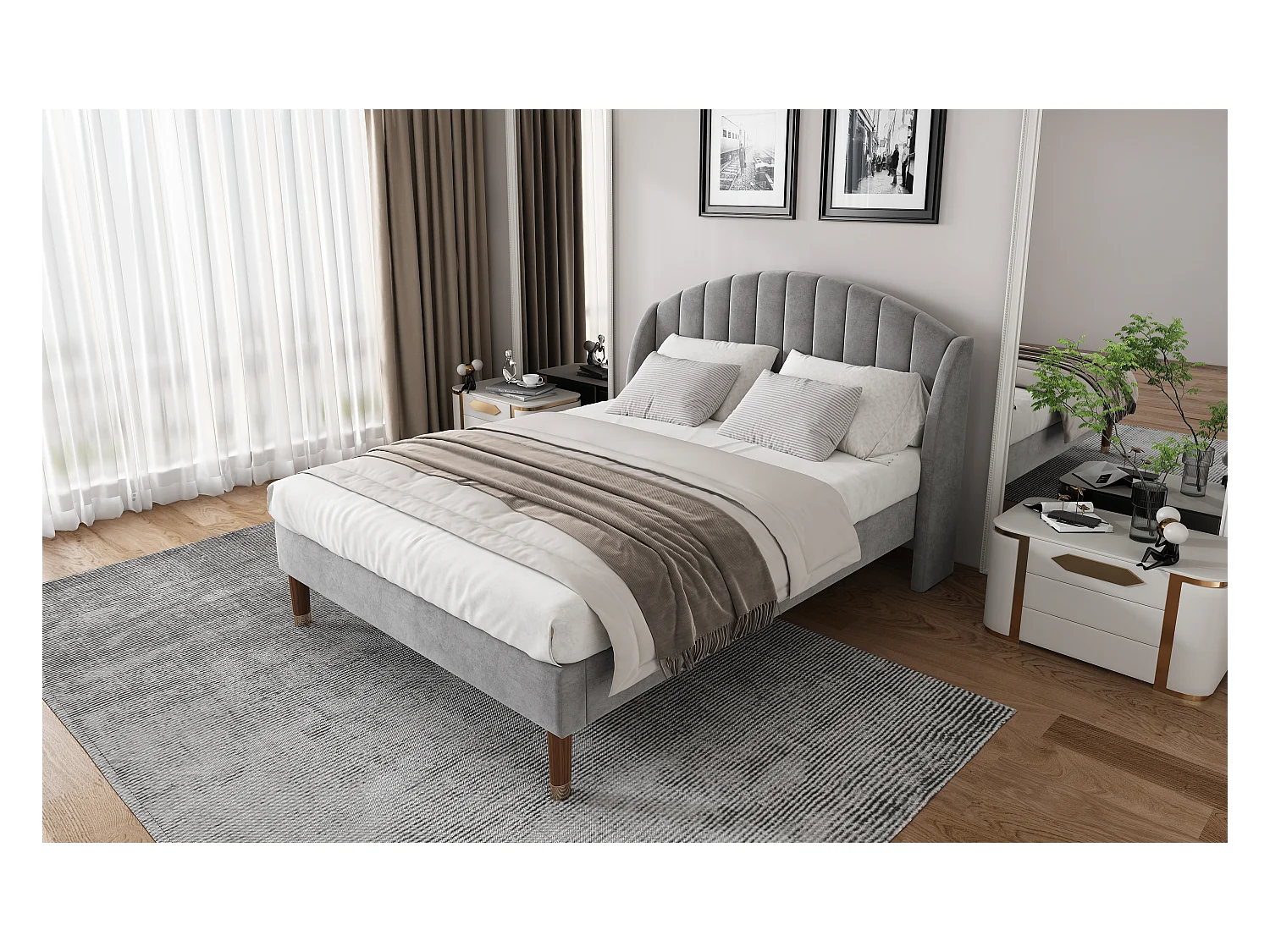Lit rembourré 140×200 cm avec sommier à lattes et tête de lit, design moderne en velours gris