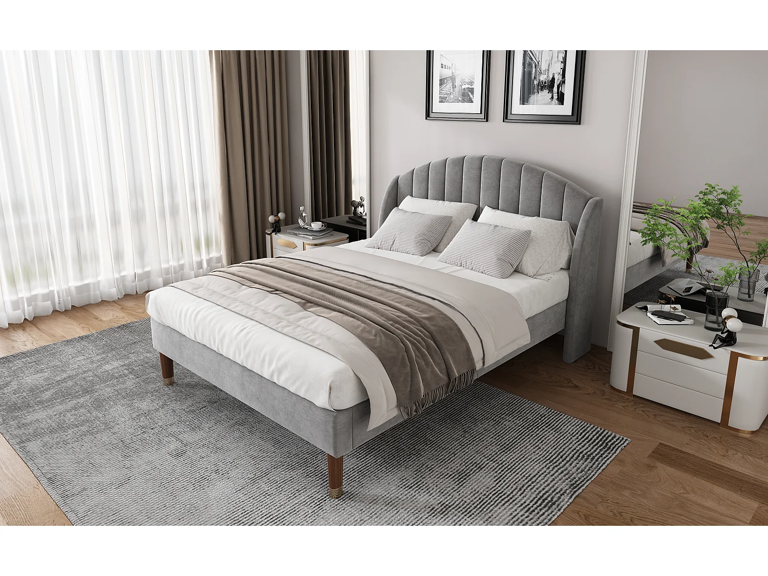 Lit rembourré 140×200 cm avec sommier à lattes et tête de lit, design moderne en velours gris