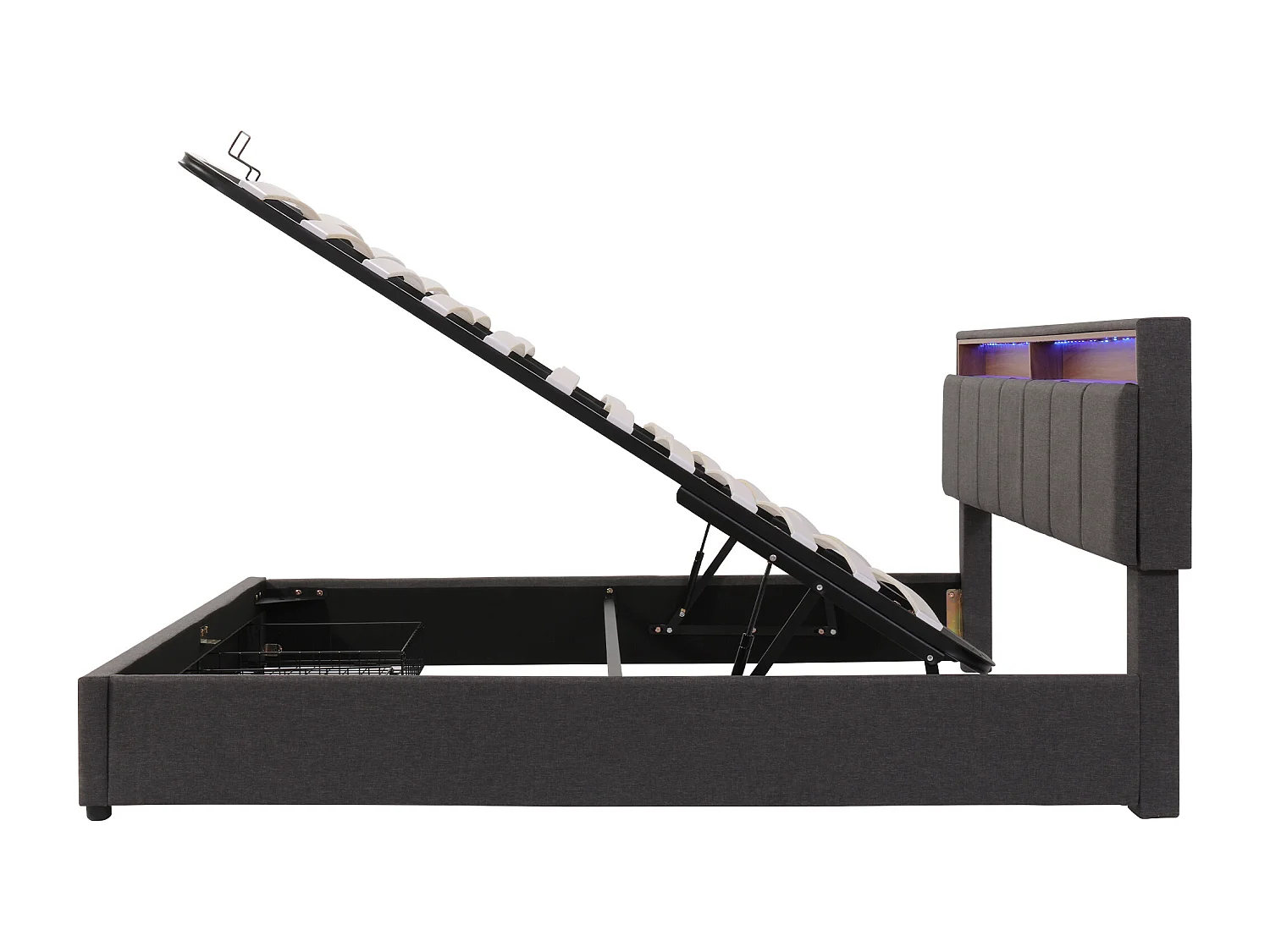 Lit rembourré avec éclairage LED, lit de rangement hydraulique 160×200 cm, gris, avec tête de lit en mousse