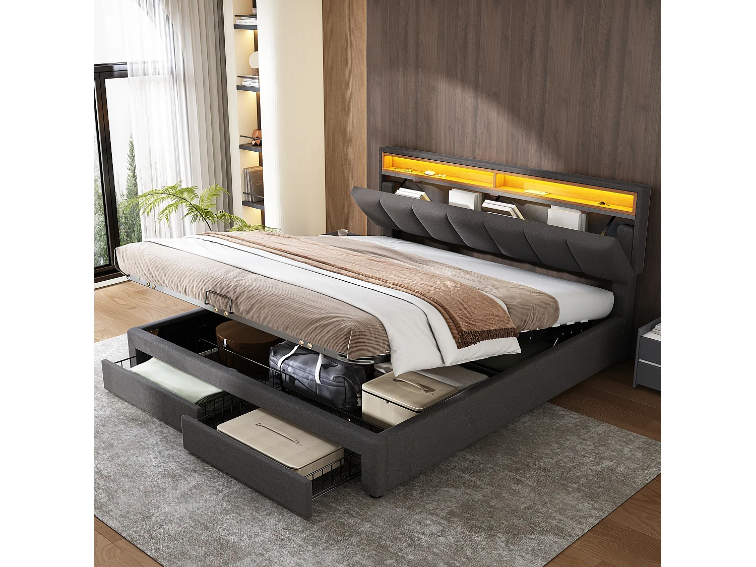 Lit rembourré avec éclairage LED, lit de rangement hydraulique 160×200 cm, gris, avec tête de lit en mousse