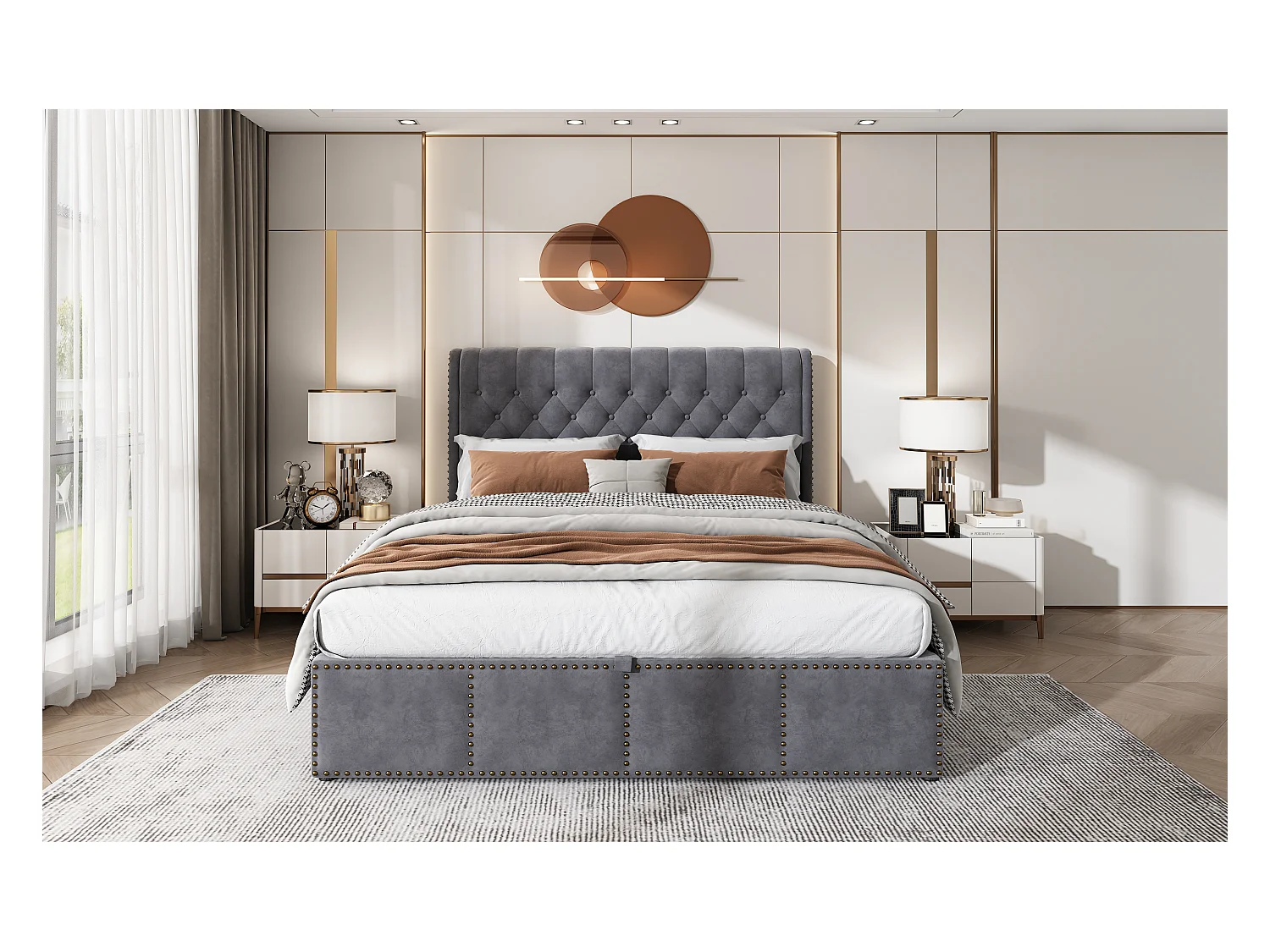 Lit rembourré 140 x 190 cm, gris, avec rangement, design élégant et clous décoratifs
