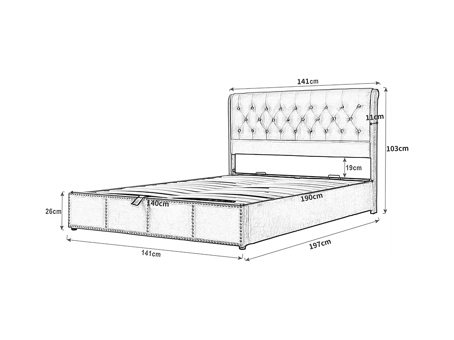 Lit rembourré 140 x 190 cm, gris, avec rangement, design élégant et clous décoratifs
