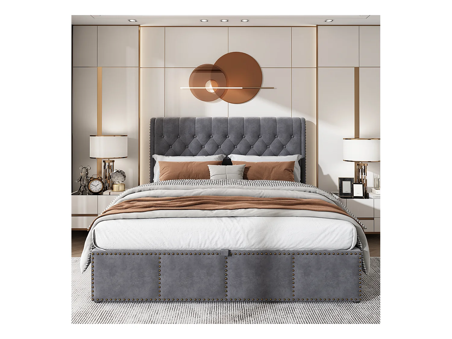 Lit rembourré 140 x 190 cm, gris, avec rangement, design élégant et clous décoratifs