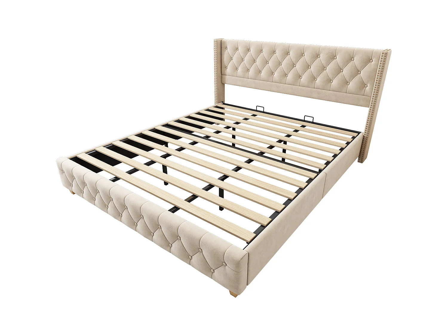 Lit rembourré 180×200 cm avec sommier à lattes et tête de lit, capitonnage, clous décoratifs, pieds en bois, velours, beige clair