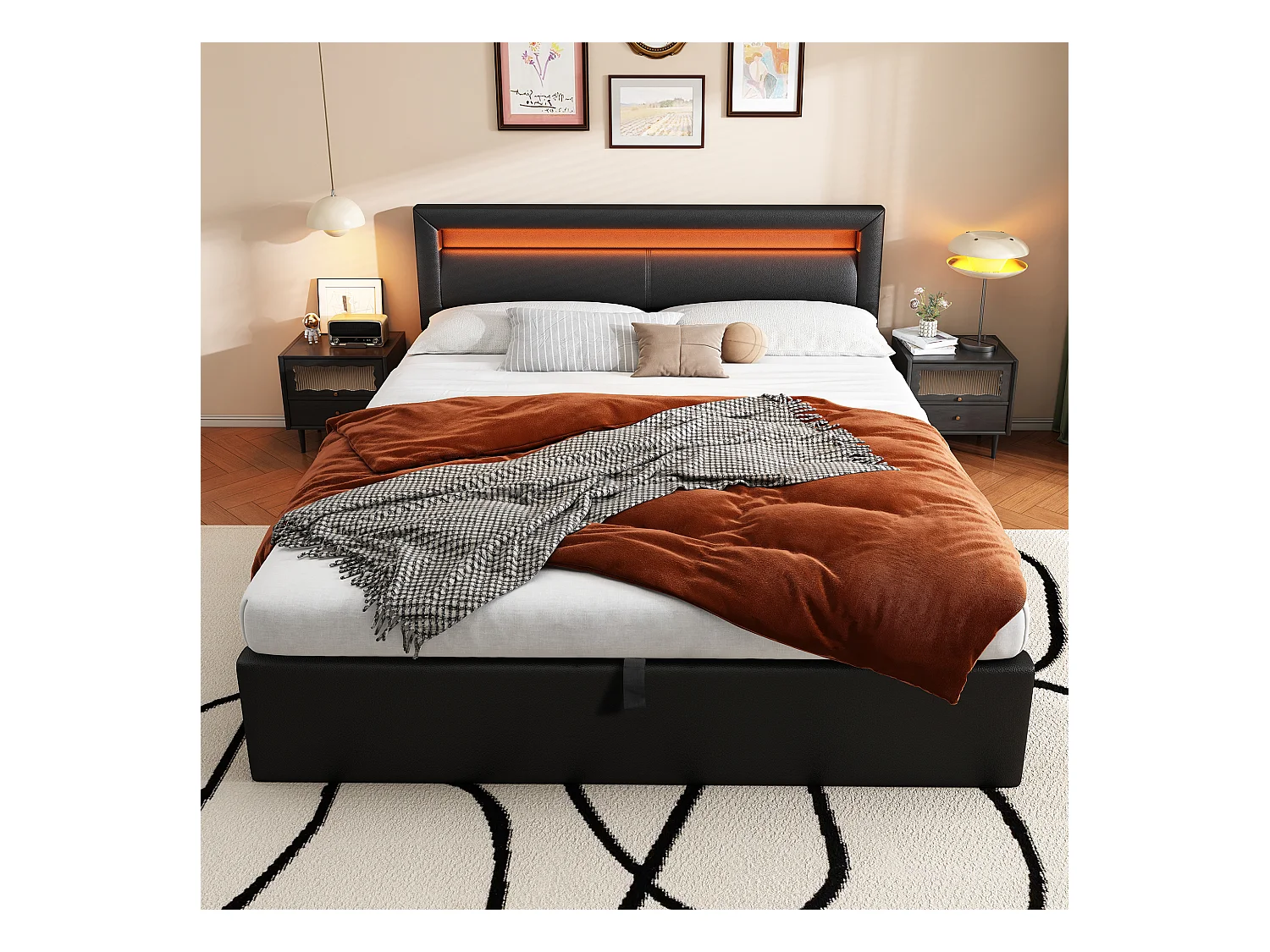 Lit rembourré 140×190 cm noir avec éclairage LED, sommier à lattes et rangement intégré