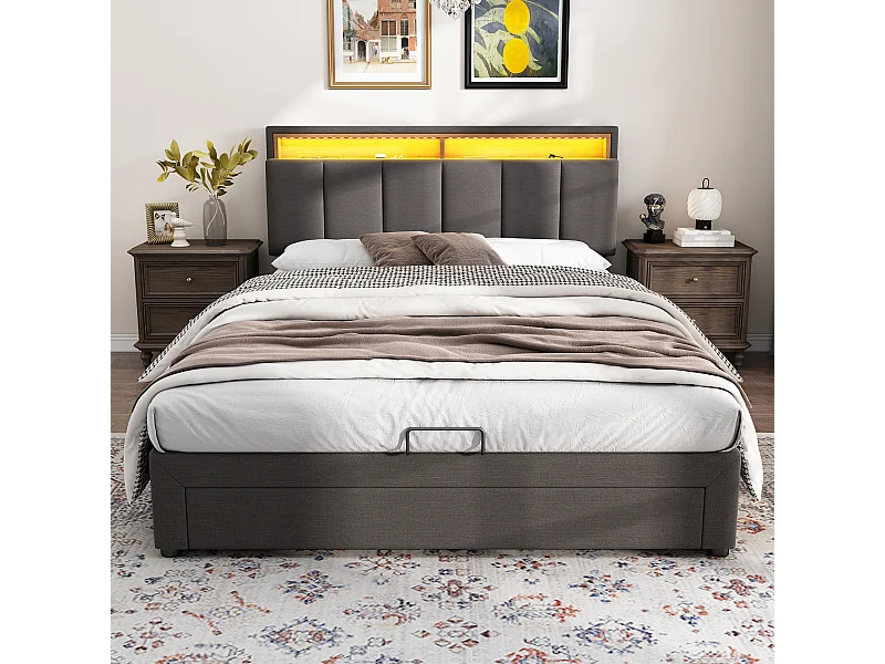 Lit en tissu avec éclairage LED, lit de rangement hydraulique avec tiroirs, 140×190 cm, gris