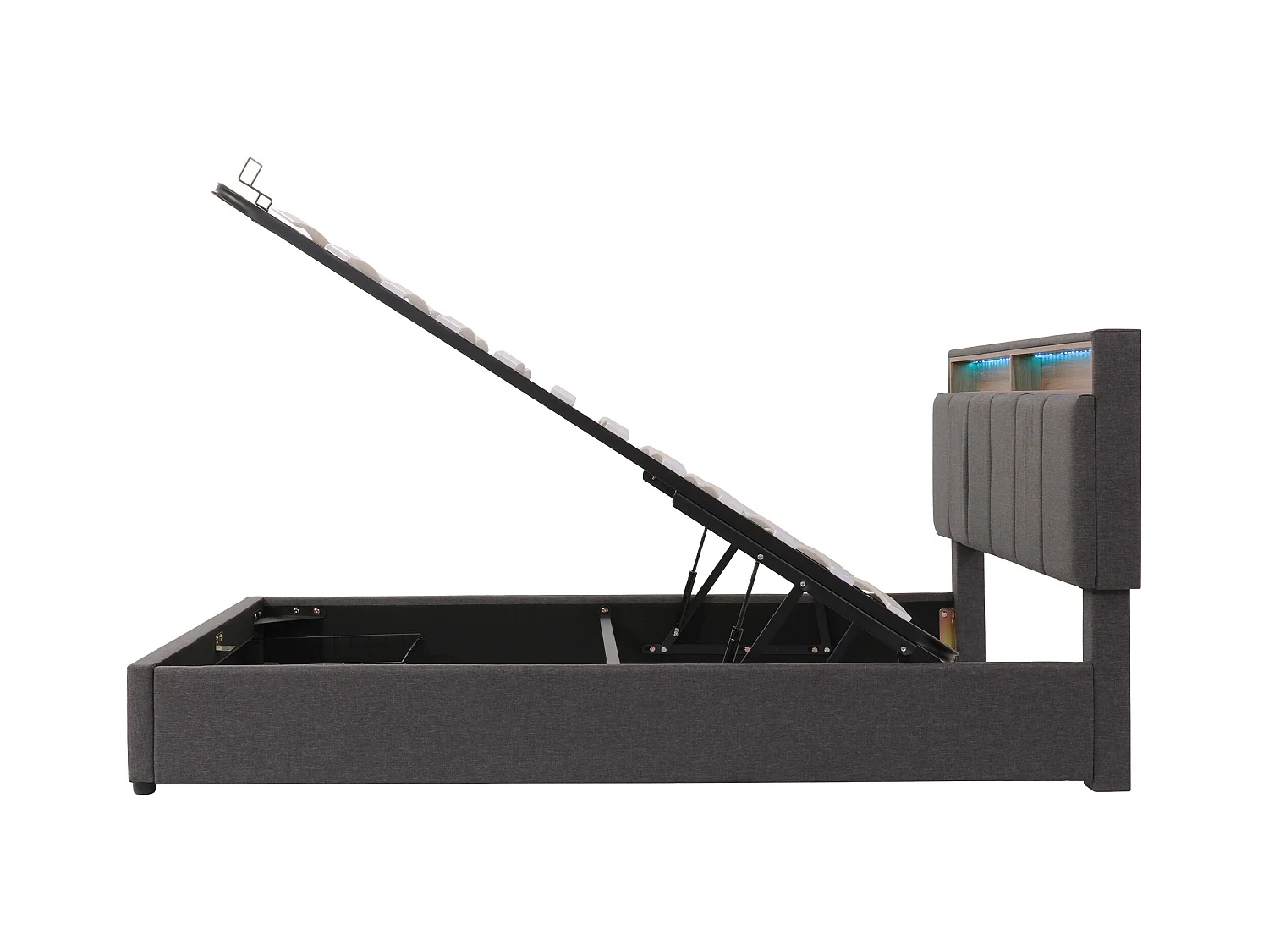Lit en tissu avec éclairage LED, lit de rangement hydraulique avec tiroirs, 140×190 cm, gris