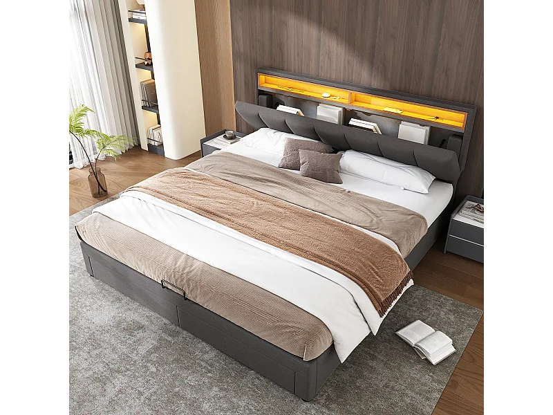 Lit rembourré avec éclairage LED, lit de rangement hydraulique 180×200 cm, gris, avec tête de lit en mousse