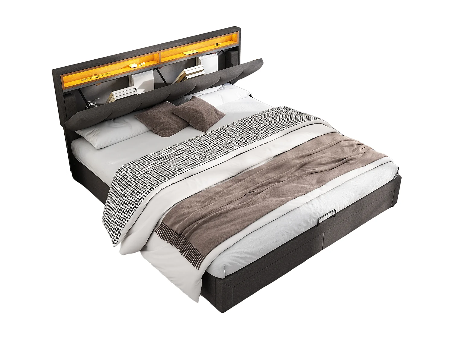 Lit rembourré avec éclairage LED, lit de rangement hydraulique 180×200 cm, gris, avec tête de lit en mousse