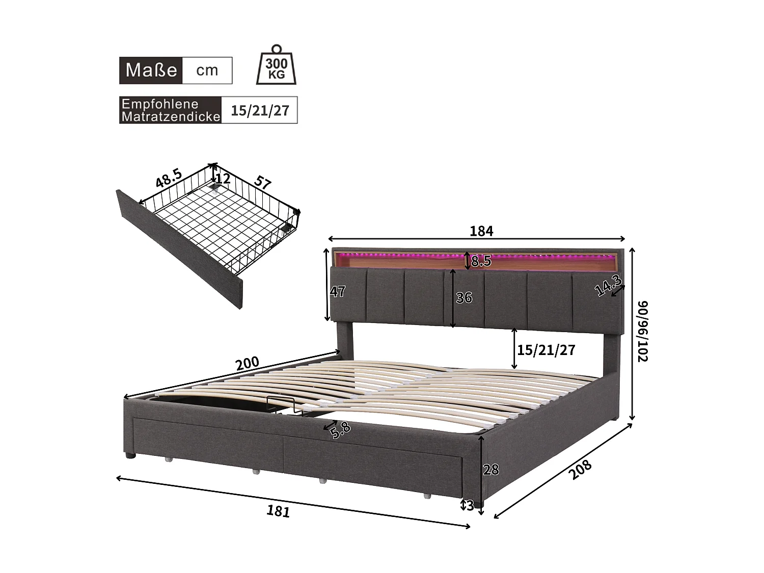 Lit rembourré avec éclairage LED, lit de rangement hydraulique 180×200 cm, gris, avec tête de lit en mousse