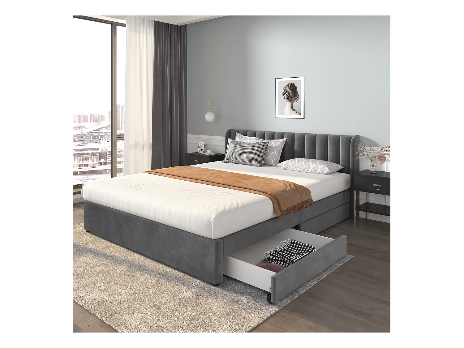 Lit en velours 180 x 200 cm avec sommier à lattes, tête de lit et 2 tiroirs, gris