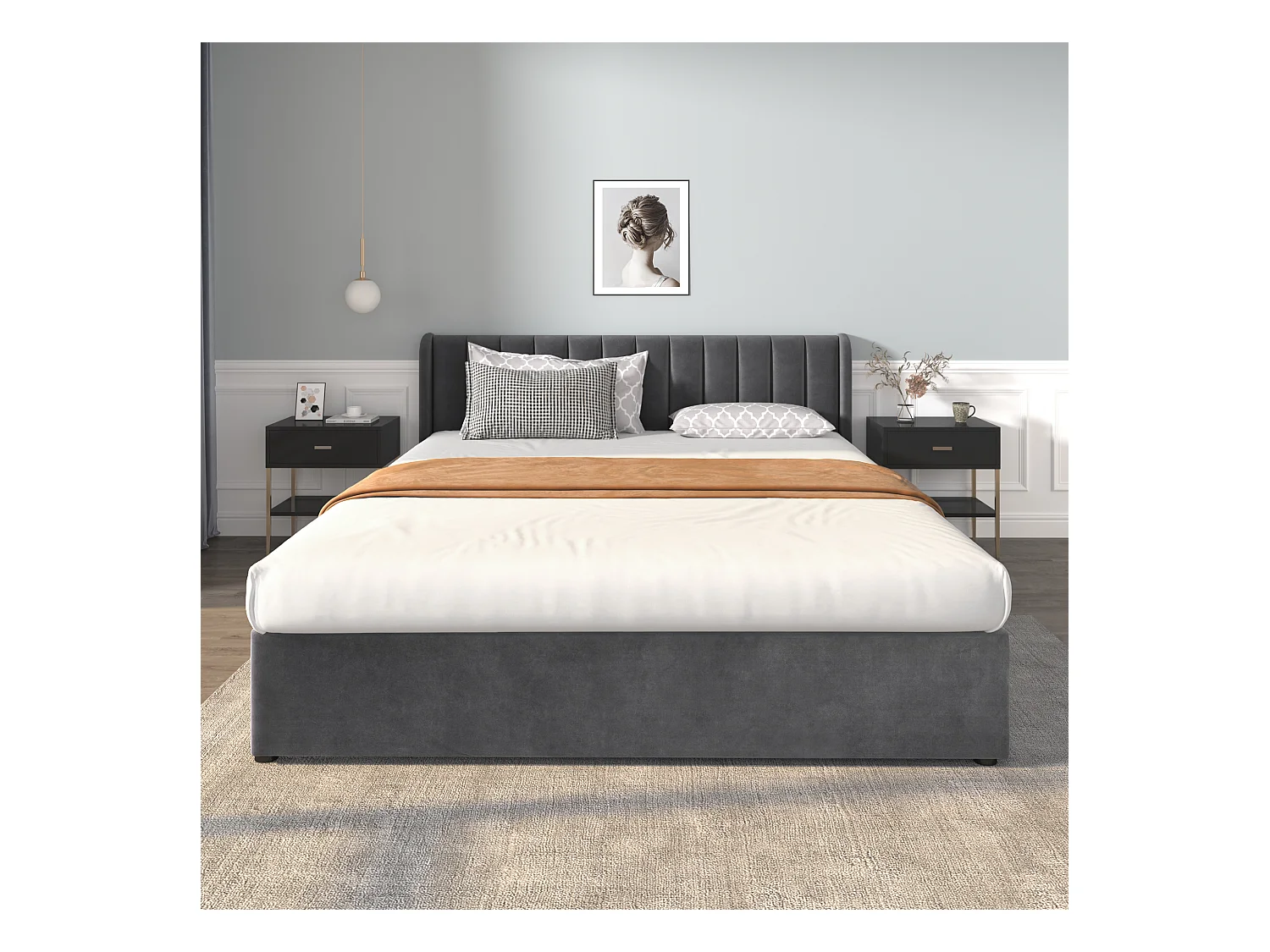 Lit en velours 180 x 200 cm avec sommier à lattes, tête de lit et 2 tiroirs, gris