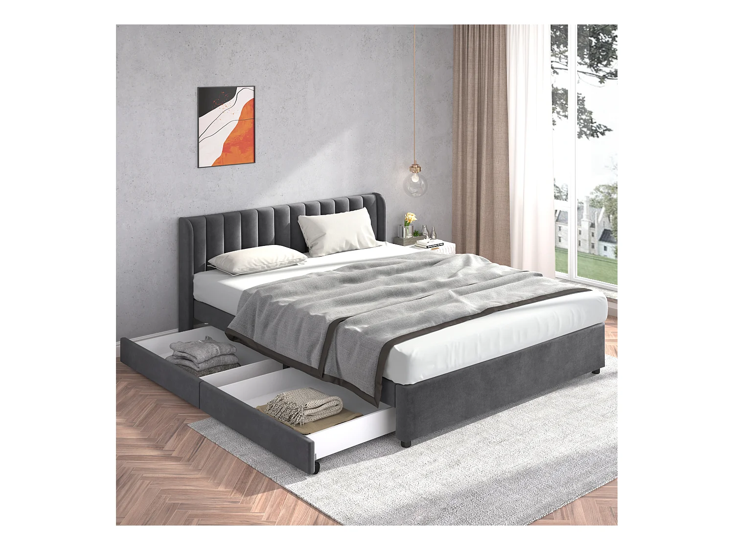 Lit en velours 180 x 200 cm avec sommier à lattes, tête de lit et 2 tiroirs, gris