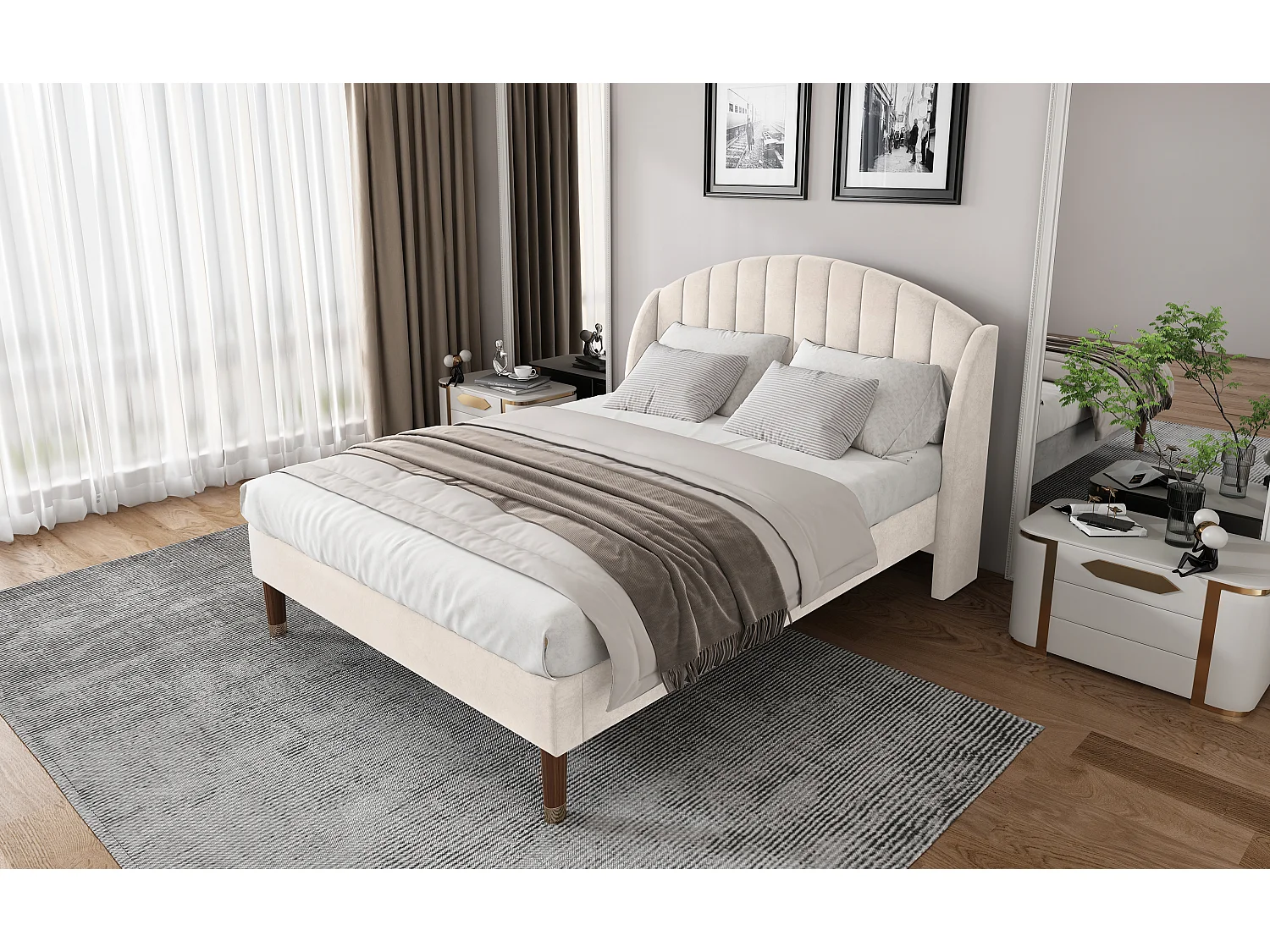 Lit rembourré 140×200 cm avec sommier à lattes et tête de lit, design moderne, en velours beige