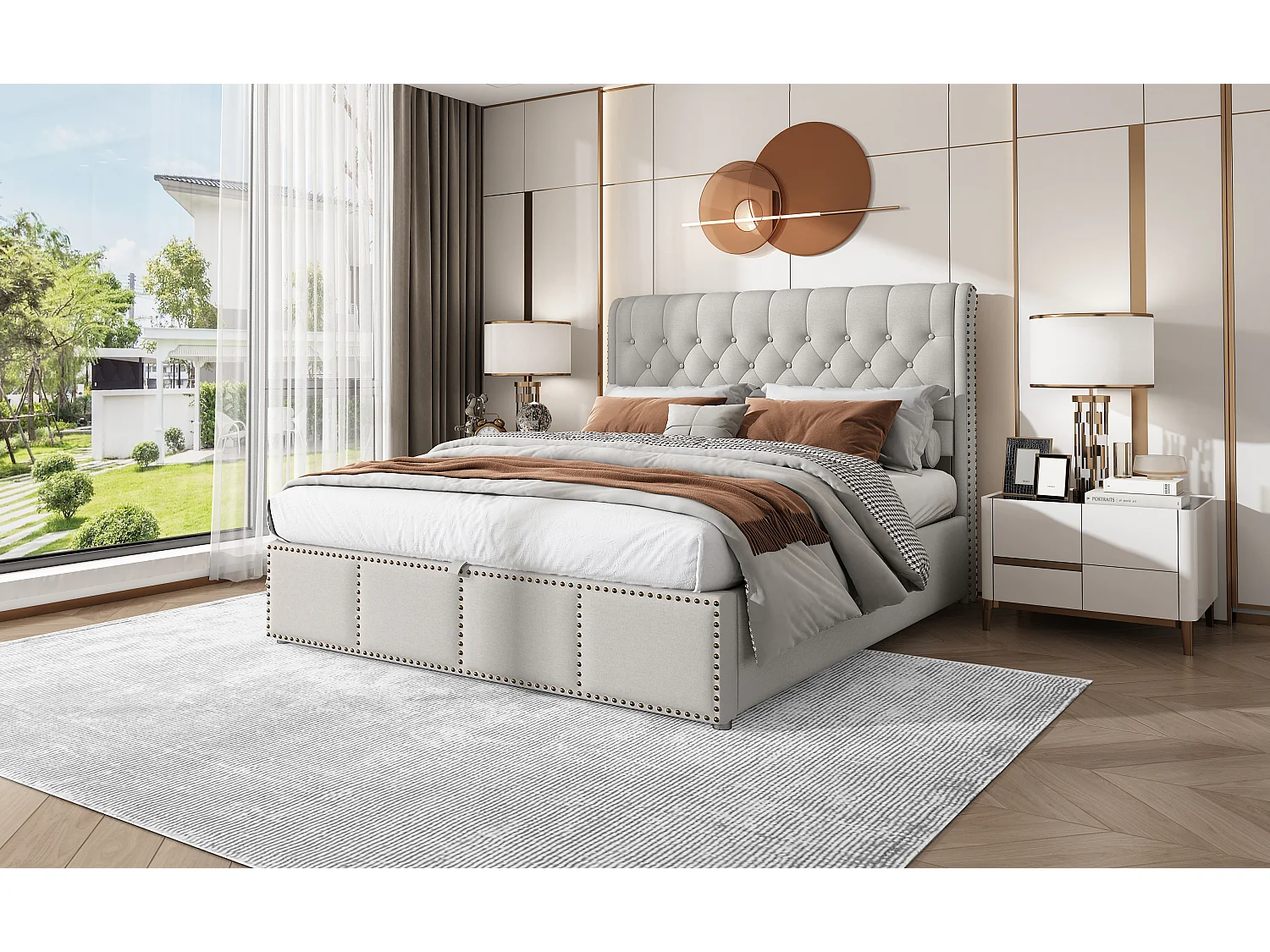 Lit en lin gris 140×190 cm avec rangement, tête de lit rembourrée et design élégant