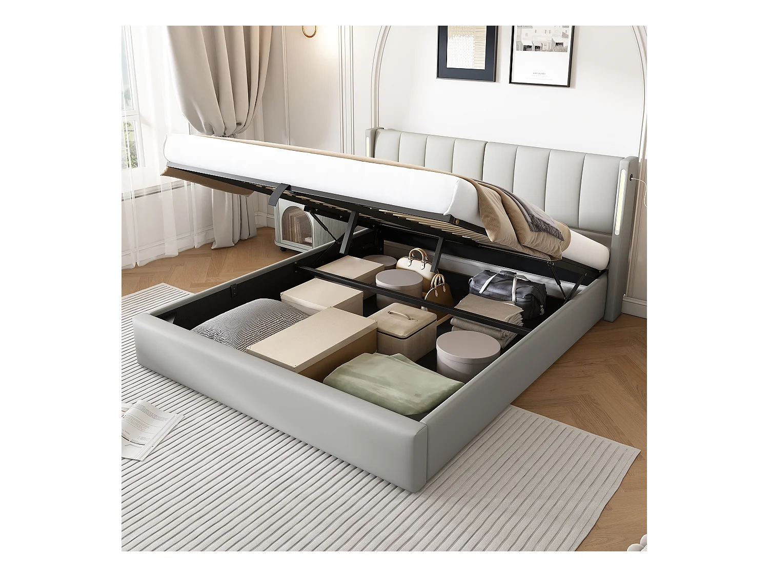 Lit rembourré multifonctionnel 140 x 200 cm, gris, avec éclairage LED et USB rechargeable