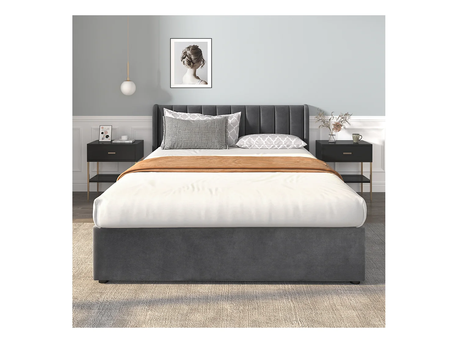 Lit en velours 140 x 200 cm avec sommier, tête de lit et 2 tiroirs, gris