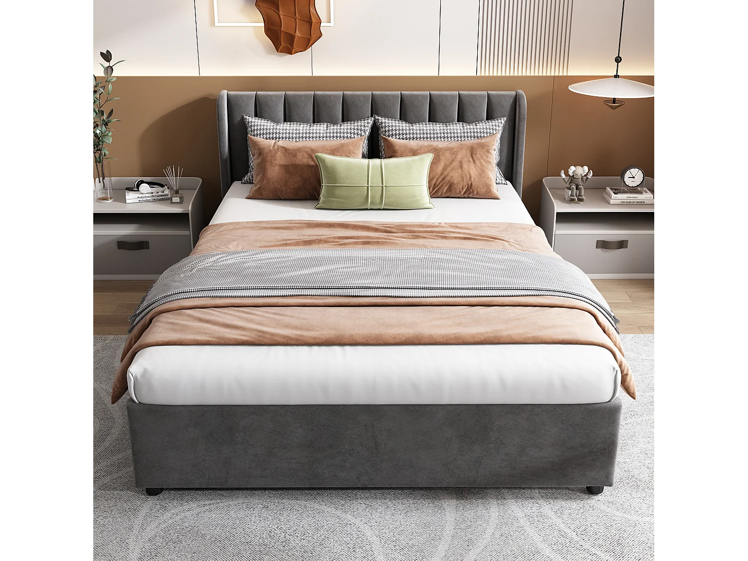 Lit en velours 140 x 200 cm avec sommier, tête de lit et 2 tiroirs, gris