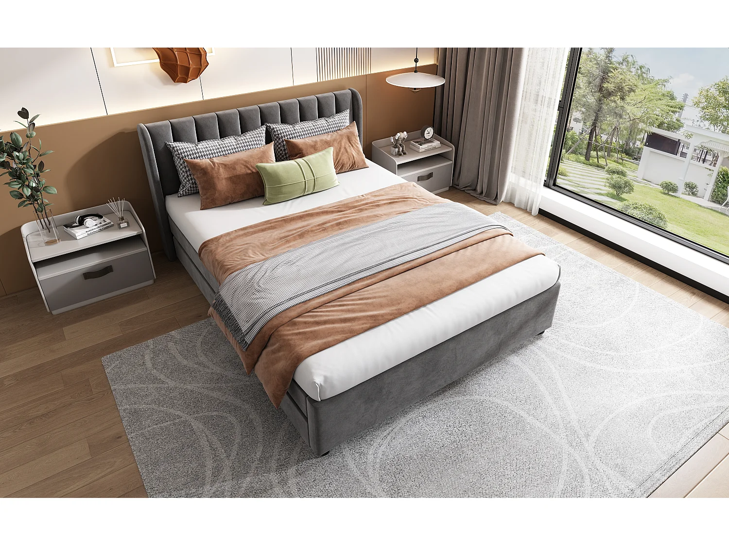 Lit en velours 140 x 200 cm avec sommier, tête de lit et 2 tiroirs, gris