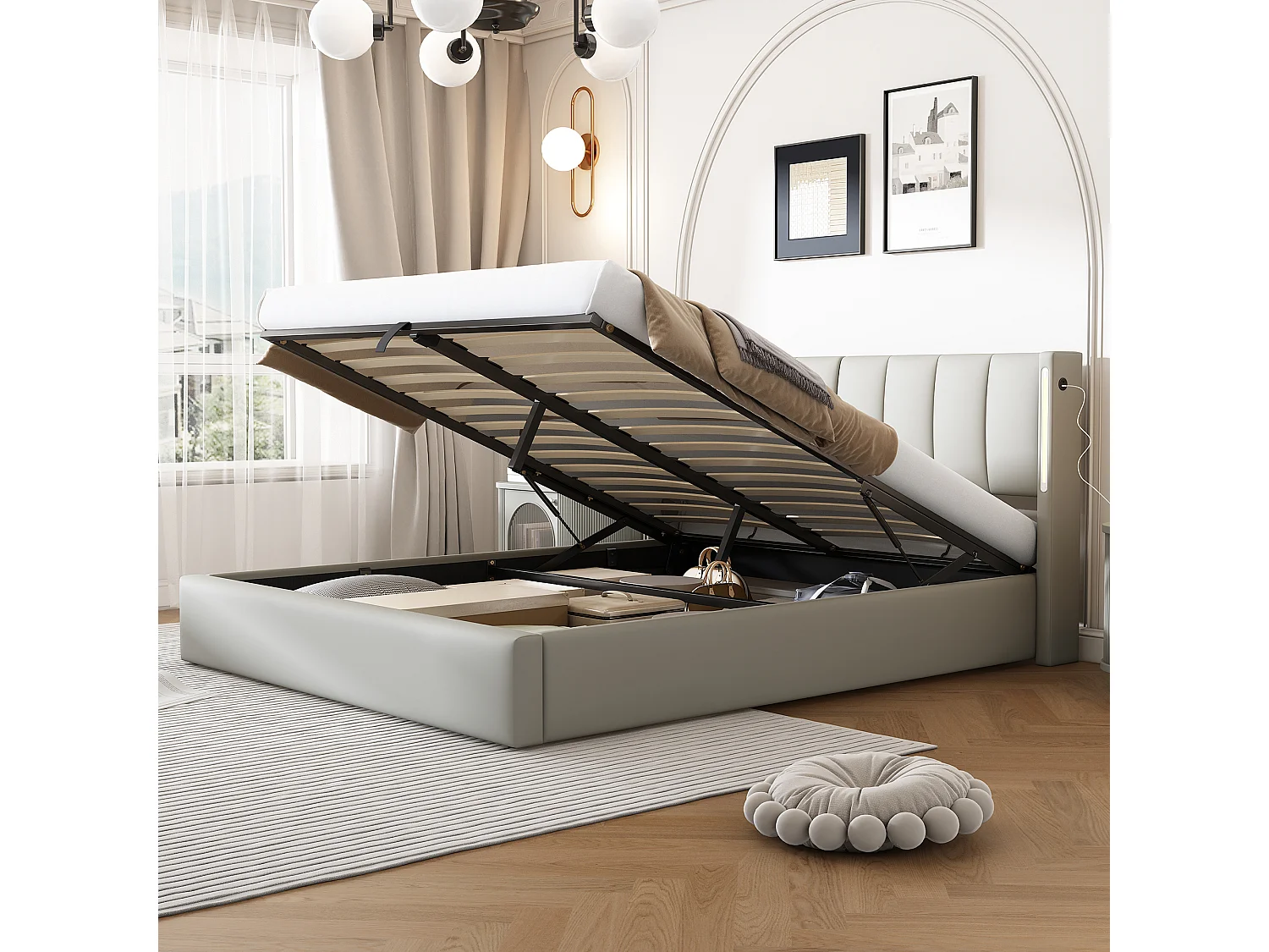 Lit rembourré LED 180 x 200 cm, avec USB rechargeable, éclairage LED et rangement, gris